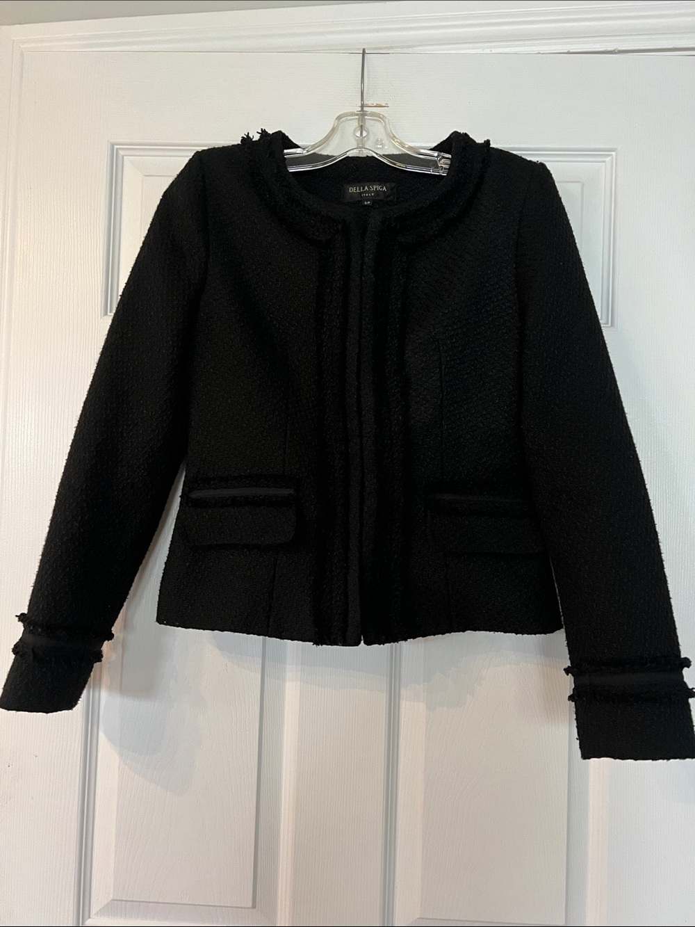 Della Spiga Black Tweed Collarless Fringe Jacket